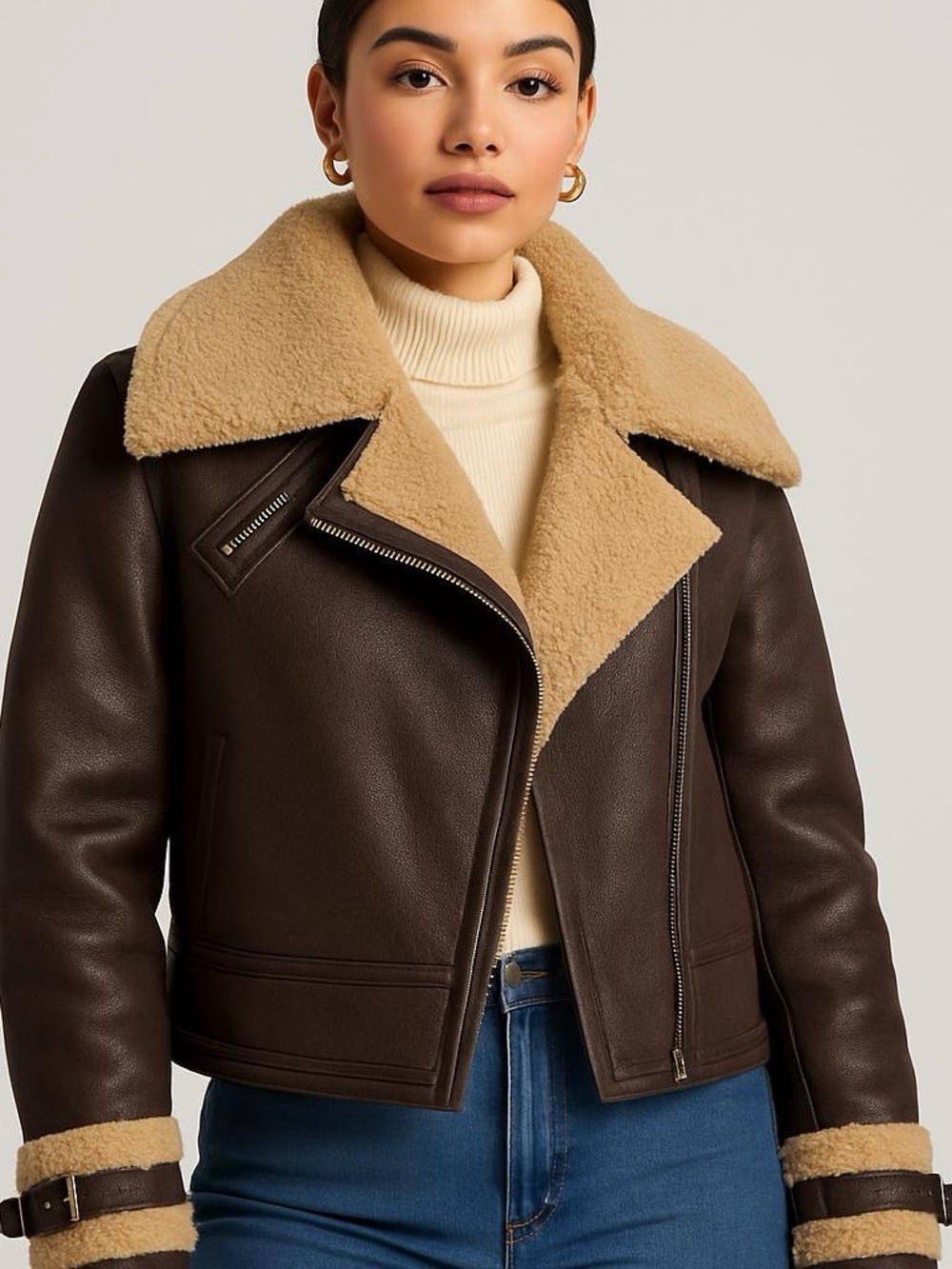 Beulah Brown Jacket with Cream Shearling Trim Size M